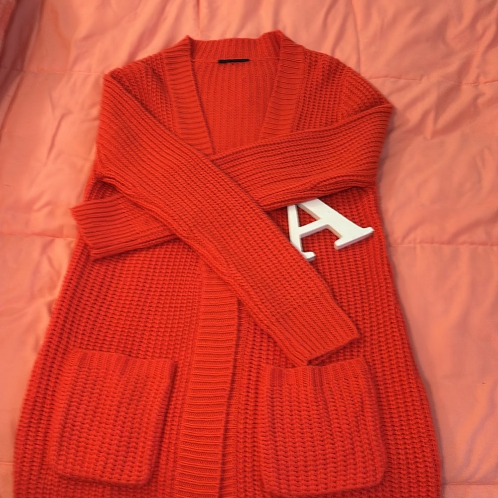 LONG SWEATER large w pockets in CABLE KNIT. ORANGE LONG SLEEVES NO BUTTONS/no zp - Picture 7 of 7